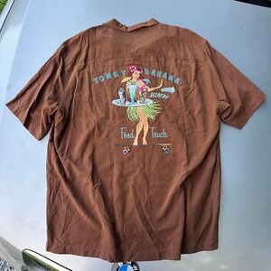Vtg "food truck delivery" surf skater Brown Tommy Bahama Hawaiian shirt